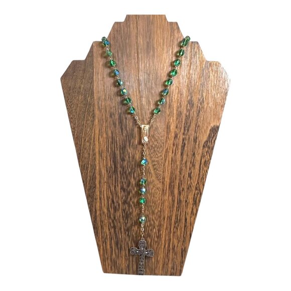 Italian Roma Blue Glass Rosary Emerald Green Iridescent Beads Silver Cross 15" - Picture 1 of 9